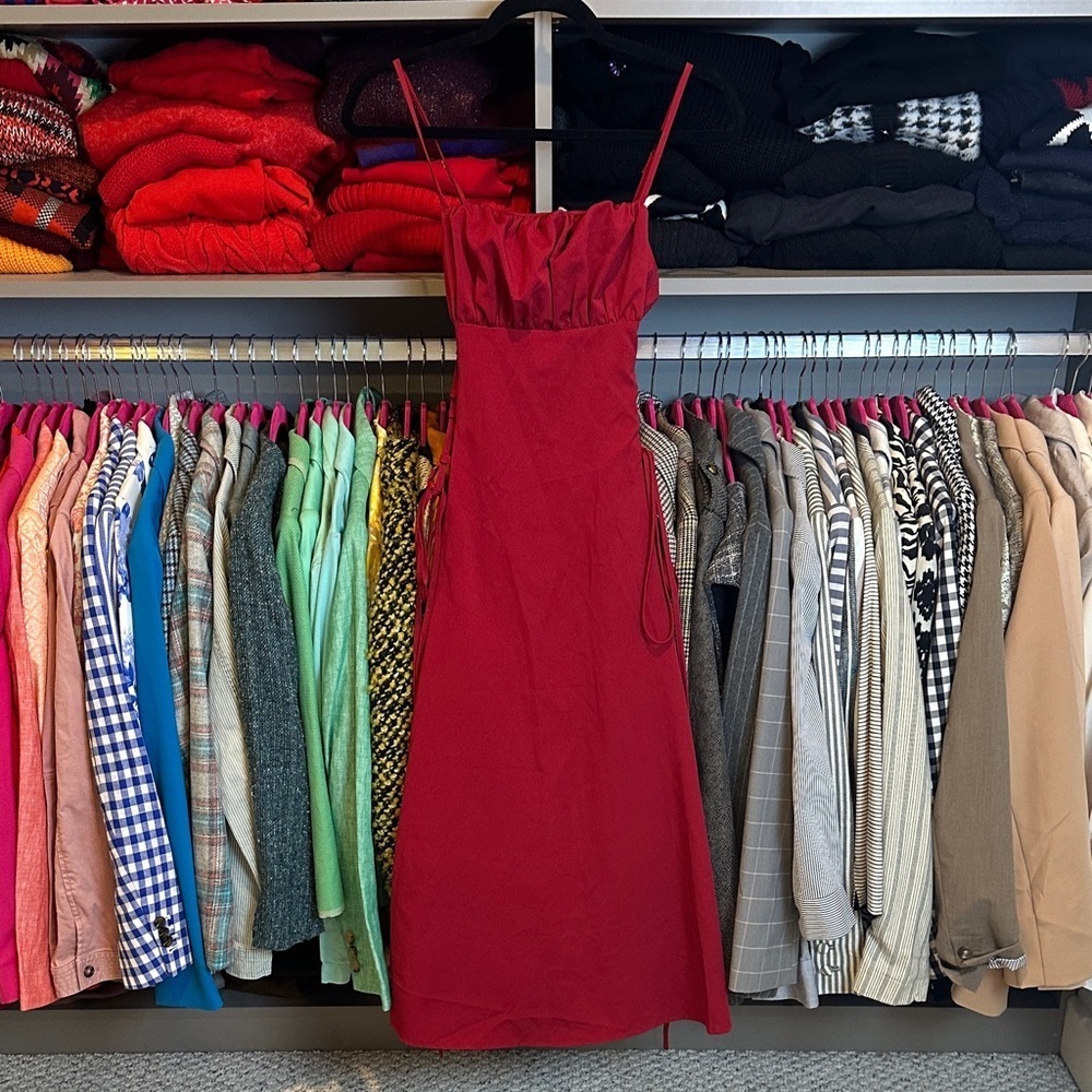 SHEIN maroon adjustable strap side tie back zipper midi dress size XS NWT